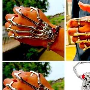 5 finger ring skull skeleton digits BRACELET unisex STEAMPUNK w red eye gems NEW